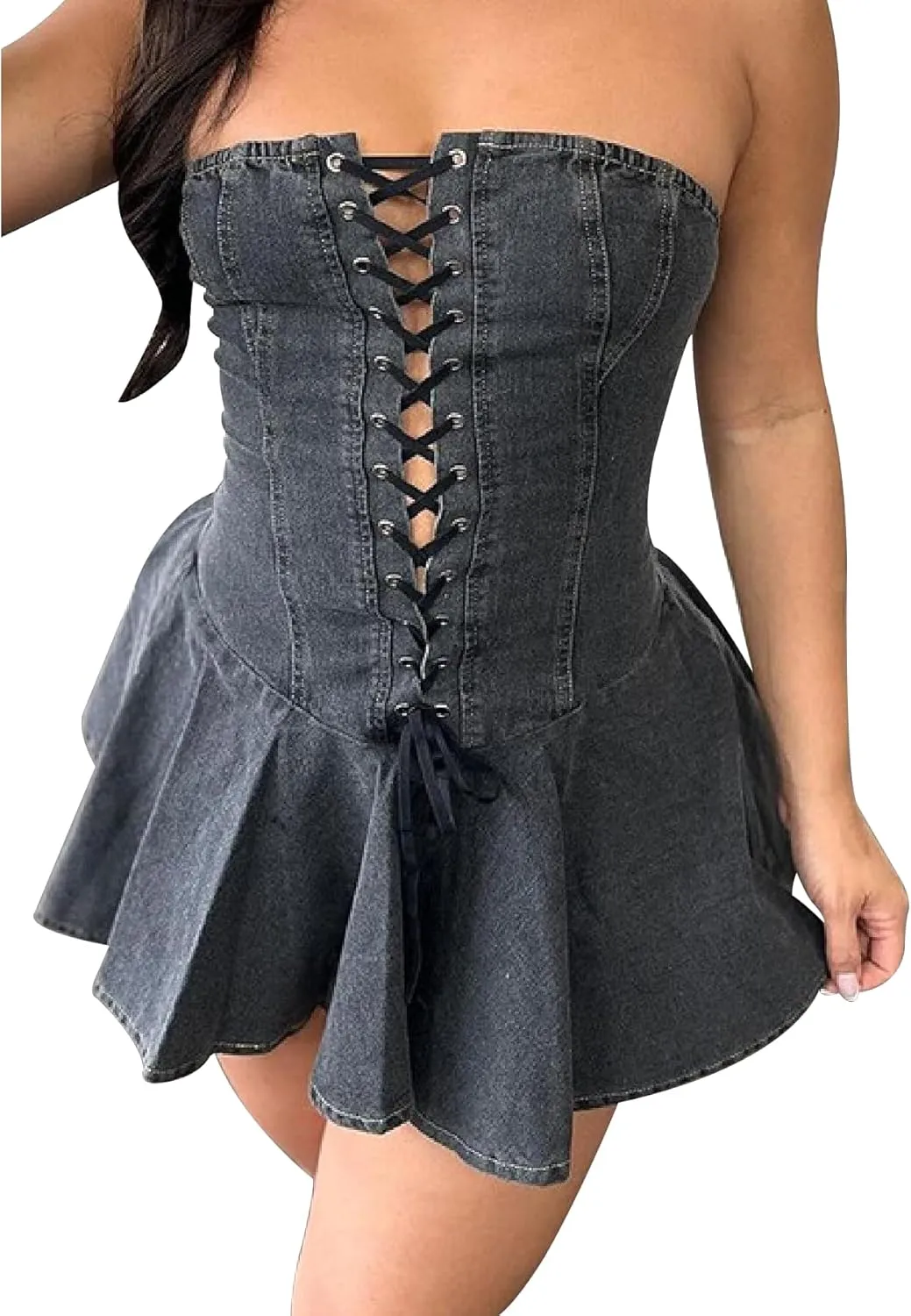 Ptorlio Summer Sexy Denim Mini Dress Strapless Party Club Tube A-line Corset Bandage Short Dresses