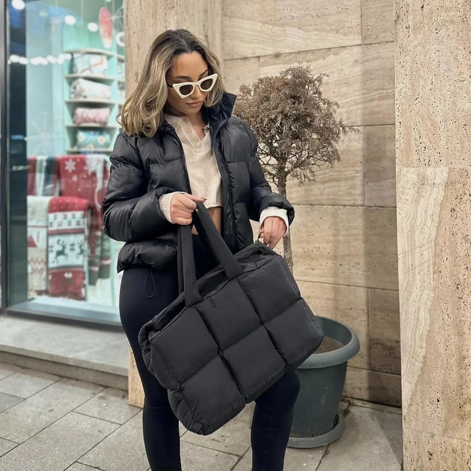 Puffer Tote Bag for Women, Large Quilted Puffy Handbag Lightweight Winter Down Padding Lattice Satchel Purse