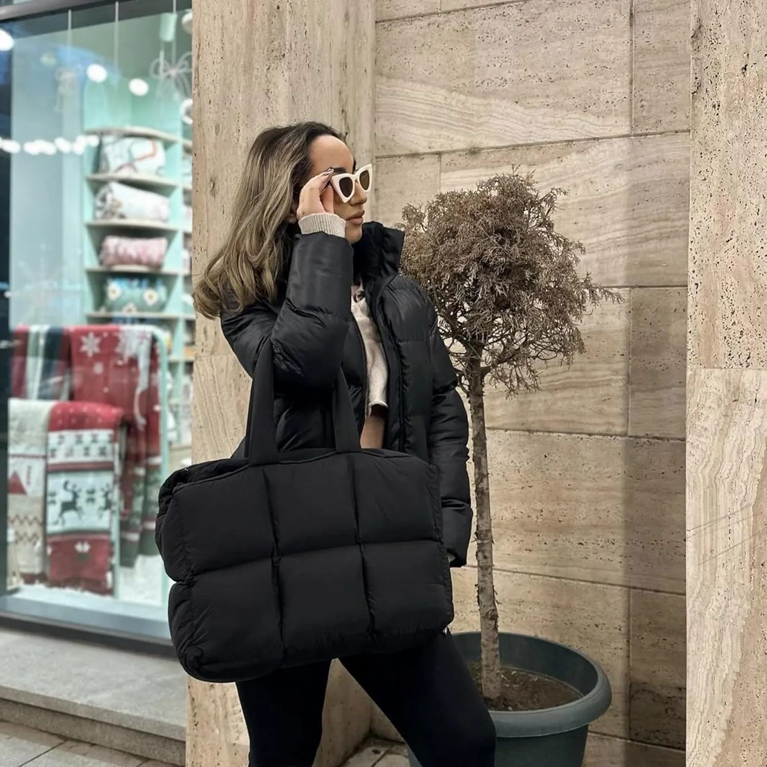 Puffer Tote Bag for Women, Large Quilted Puffy Handbag Lightweight Winter Down Padding Lattice Satchel Purse