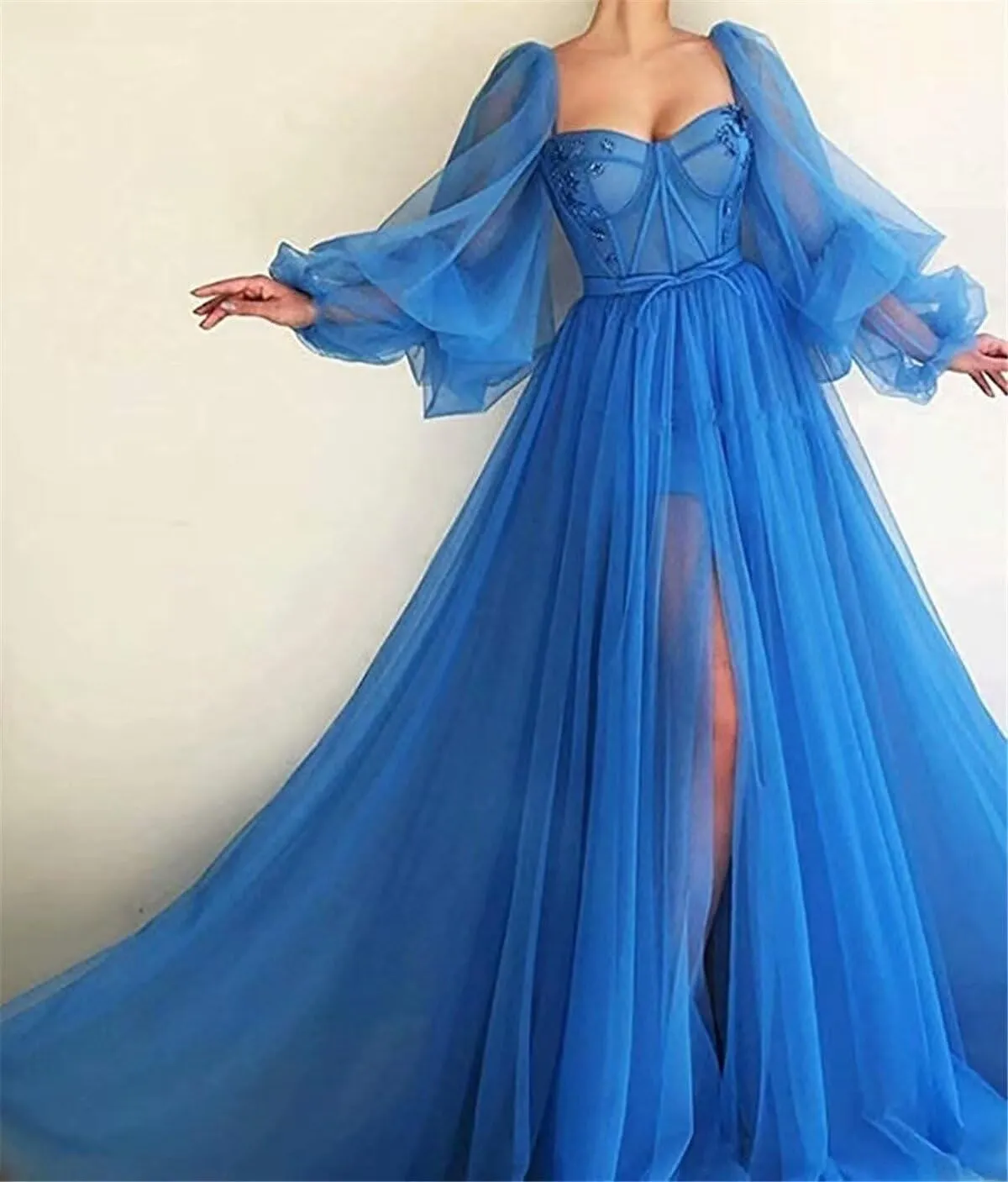 Puffy Sleeve Prom Dress Sweetheart Tulle Ball Gown Slit Formal Evening Gowns Princess Wedding Dresses