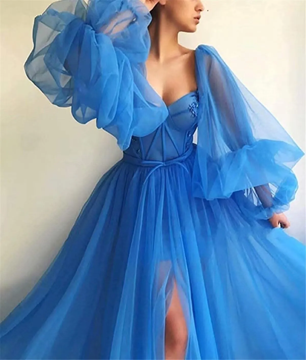 Puffy Sleeve Prom Dress Sweetheart Tulle Ball Gown Slit Formal Evening Gowns Princess Wedding Dresses