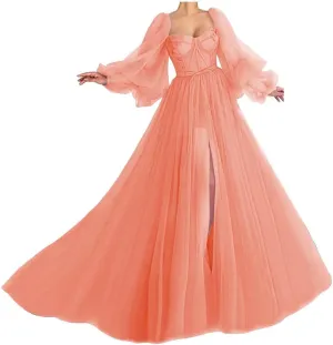 Puffy Sleeve Prom Dress Sweetheart Tulle Ball Gown Slit Formal Evening Gowns Princess Wedding Dresses