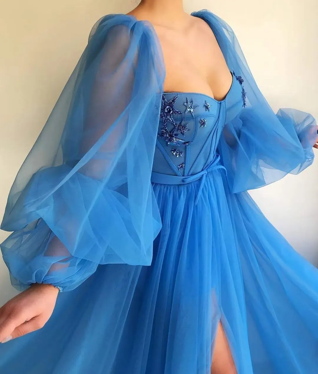 Puffy Sleeve Prom Dress Sweetheart Tulle Ball Gown Slit Formal Evening Gowns Princess Wedding Dresses