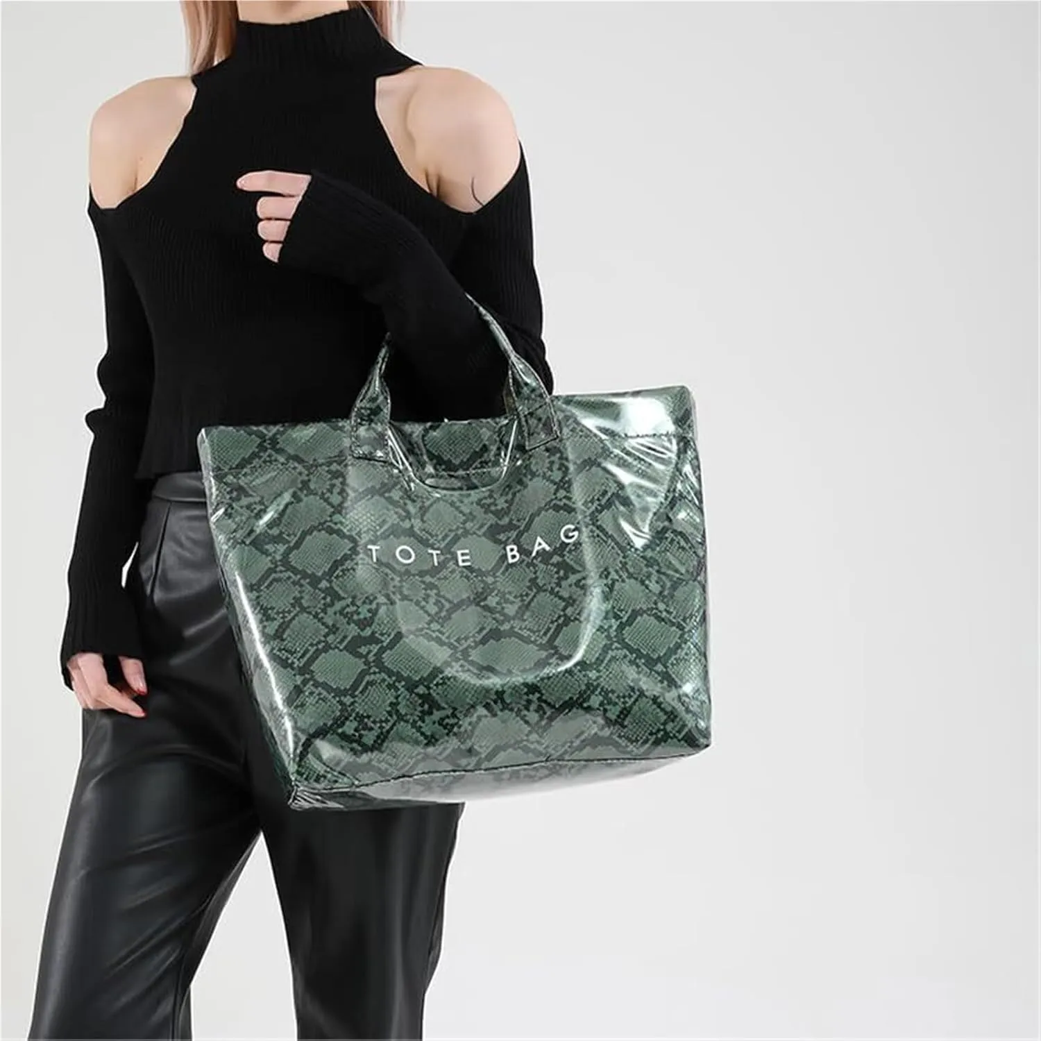 PVC Tote Bag for Women Snake Pattern Letter Print Large Tote Bag Clear Plastic Handbags Top Handle Bags