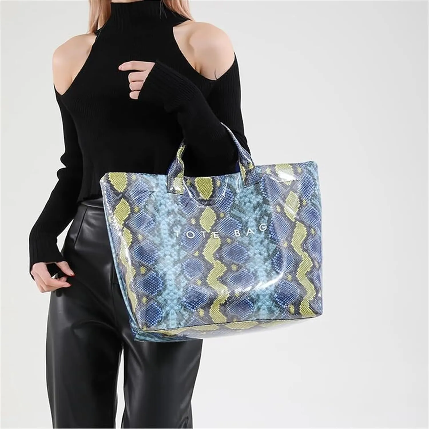 PVC Tote Bag for Women Snake Pattern Letter Print Large Tote Bag Clear Plastic Handbags Top Handle Bags