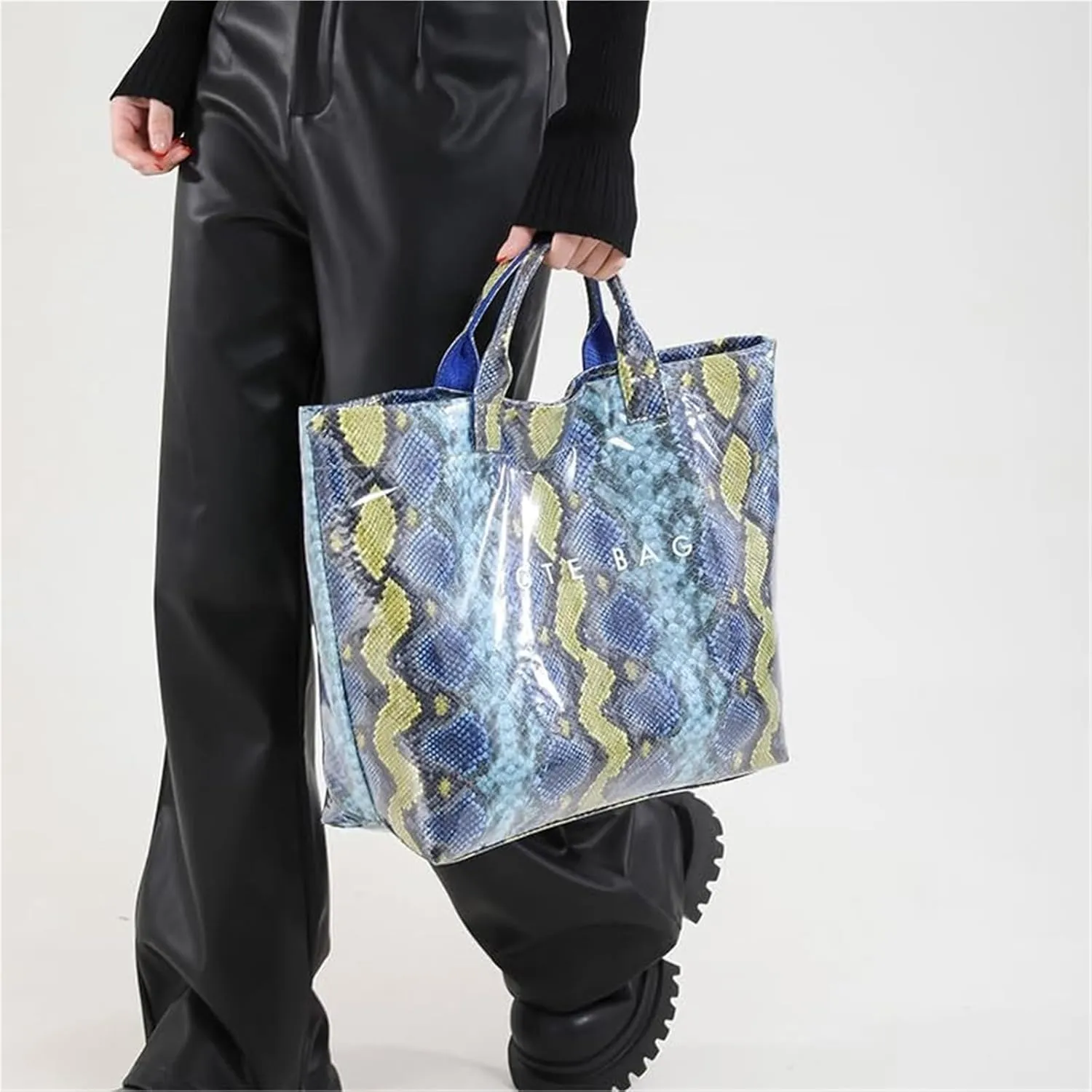 PVC Tote Bag for Women Snake Pattern Letter Print Large Tote Bag Clear Plastic Handbags Top Handle Bags