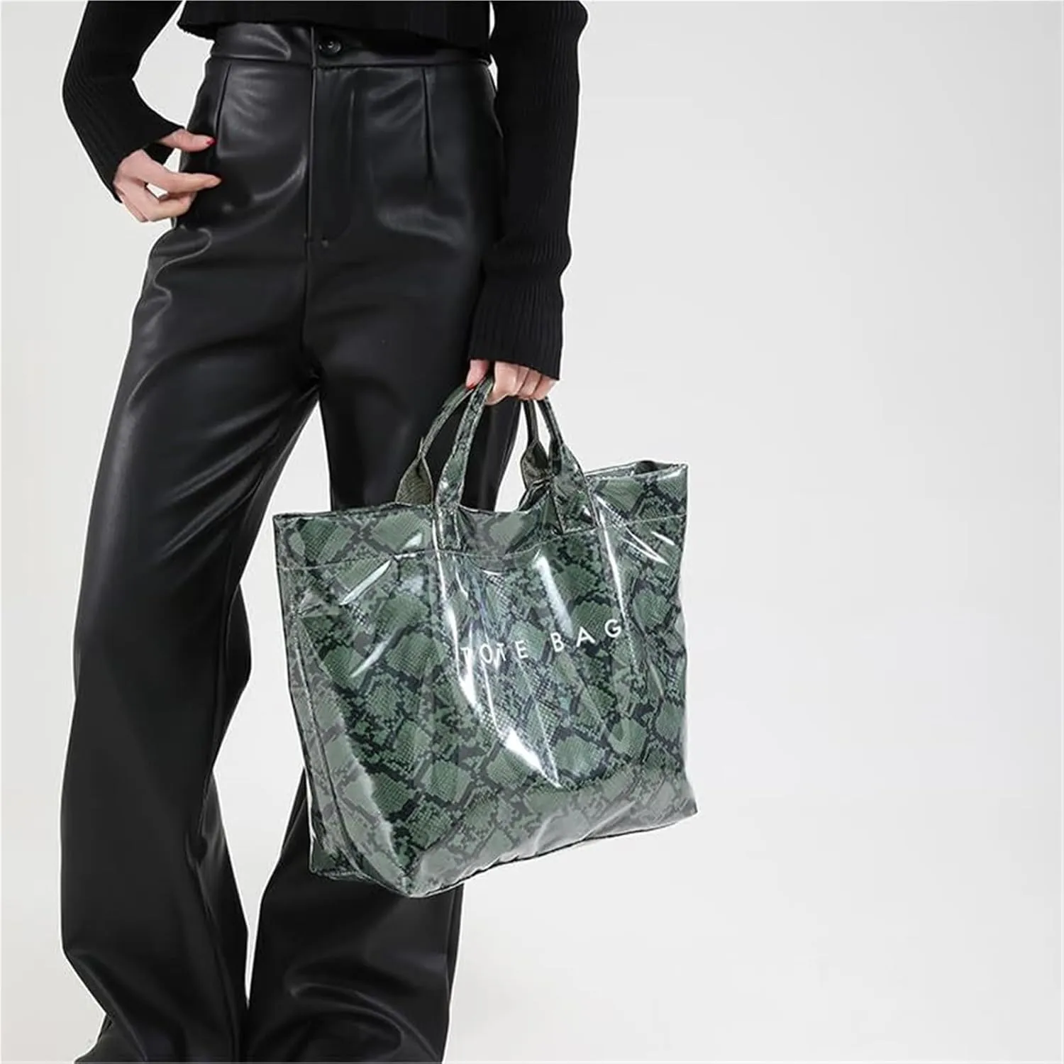 PVC Tote Bag for Women Snake Pattern Letter Print Large Tote Bag Clear Plastic Handbags Top Handle Bags