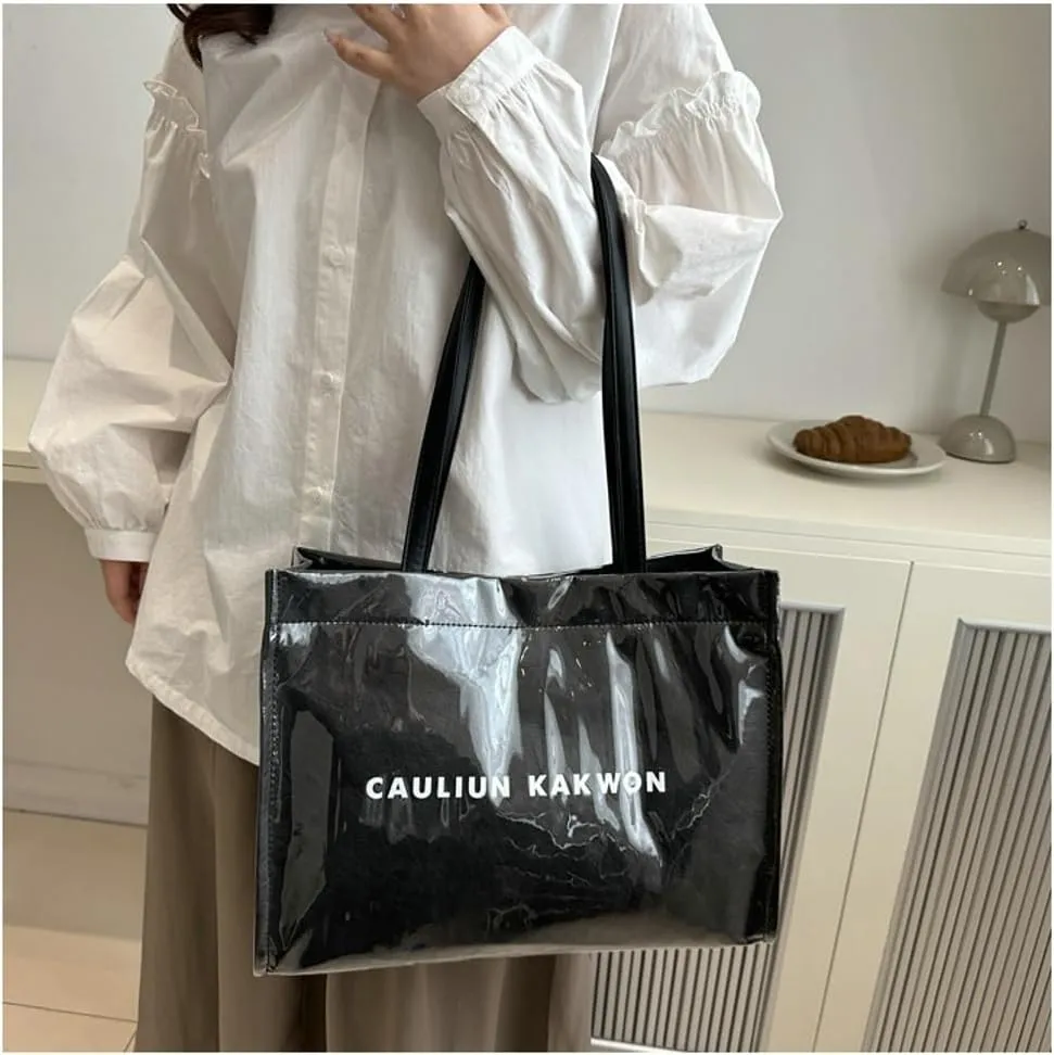 PVC Tote Bag Women Clear Trendy Totes Bags Plastic Carry All Bag Kraft Paper Hobo Shoulder Handbag for Work Travel