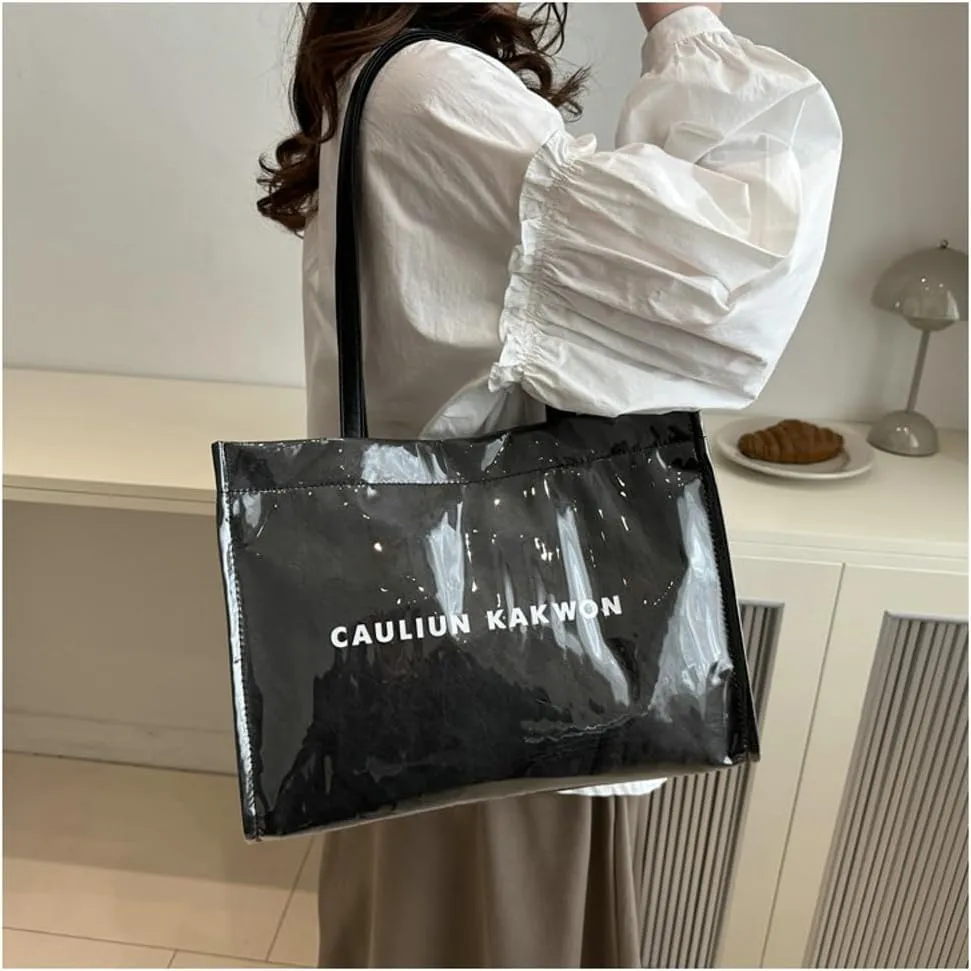 PVC Tote Bag Women Clear Trendy Totes Bags Plastic Carry All Bag Kraft Paper Hobo Shoulder Handbag for Work Travel