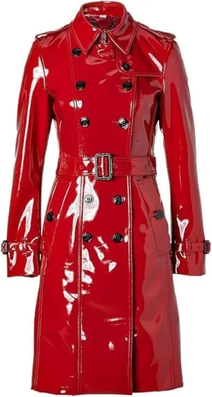 PVC Vinyl Womens Trench Coat Women Red Belted Waist Coats Womens Latex Jackets (US, Alpha, Medium, Regular, Long, Red)