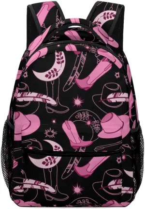 Retro Cowgirl Boots Travel Backpack Pink Wild West Durable Lightweight Laptop Computer Bag for Men Women Adjustable BookBag 16.5 Inches