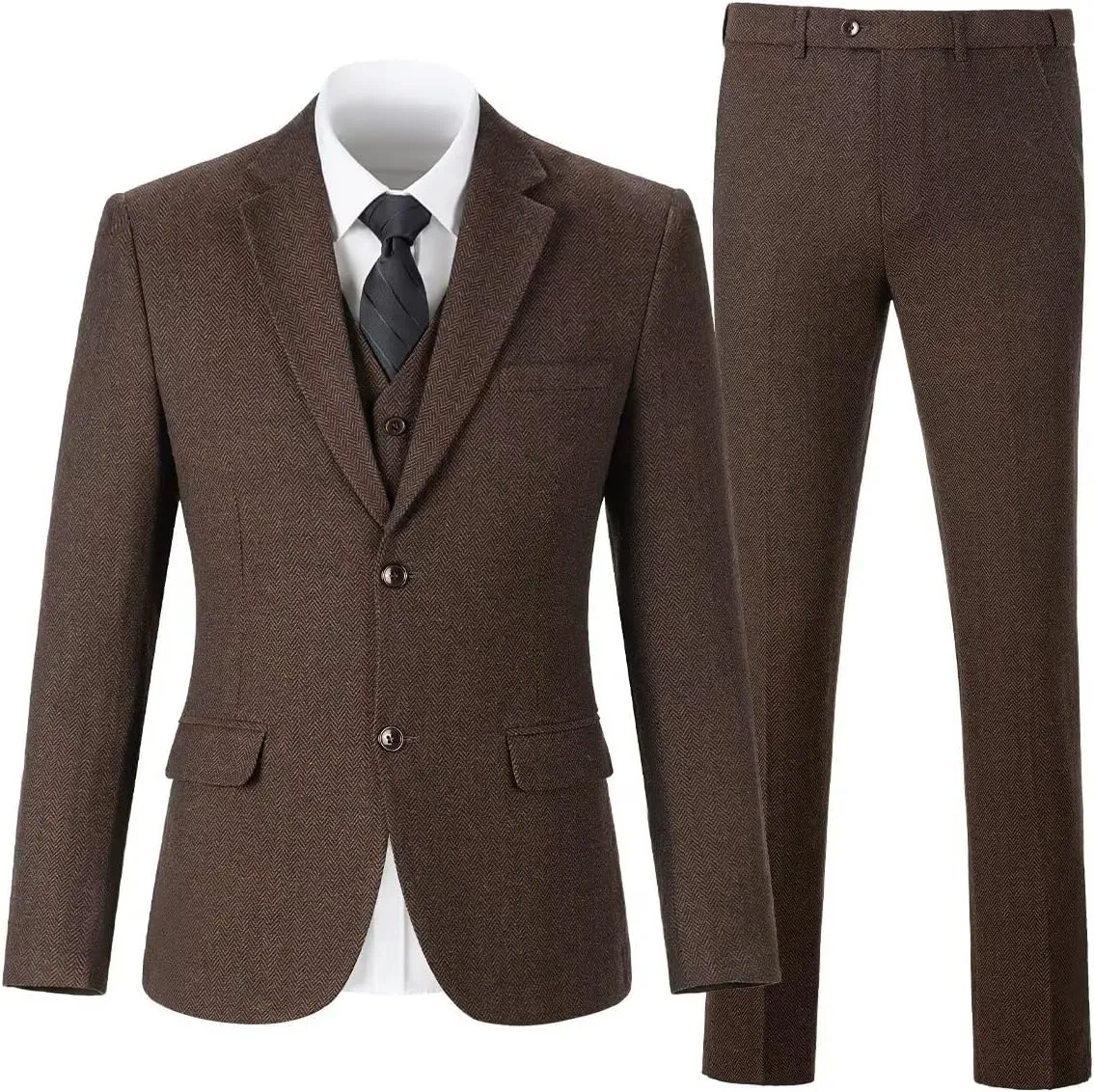 Retro Tweed Brown Men Suit 3 Piece Herringbone Slim Fit Suits Wedding Tuxedos Set Prom Jacket Blazers Vest Pants for Mens