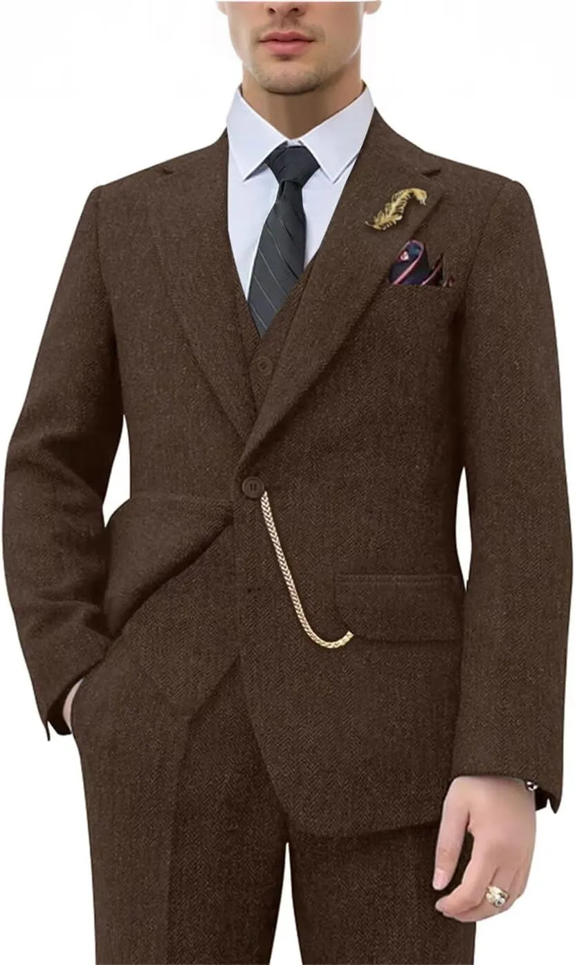 Retro Tweed Brown Men Suit 3 Piece Herringbone Slim Fit Suits Wedding Tuxedos Set Prom Jacket Blazers Vest Pants for Mens