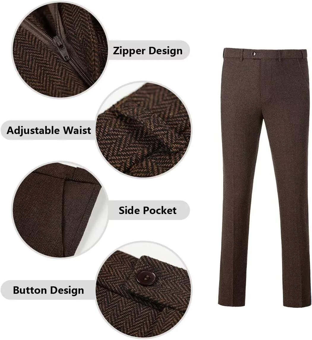 Retro Tweed Brown Men Suit 3 Piece Herringbone Slim Fit Suits Wedding Tuxedos Set Prom Jacket Blazers Vest Pants for Mens