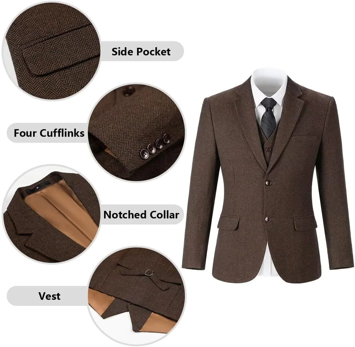 Retro Tweed Brown Men Suit 3 Piece Herringbone Slim Fit Suits Wedding Tuxedos Set Prom Jacket Blazers Vest Pants for Mens