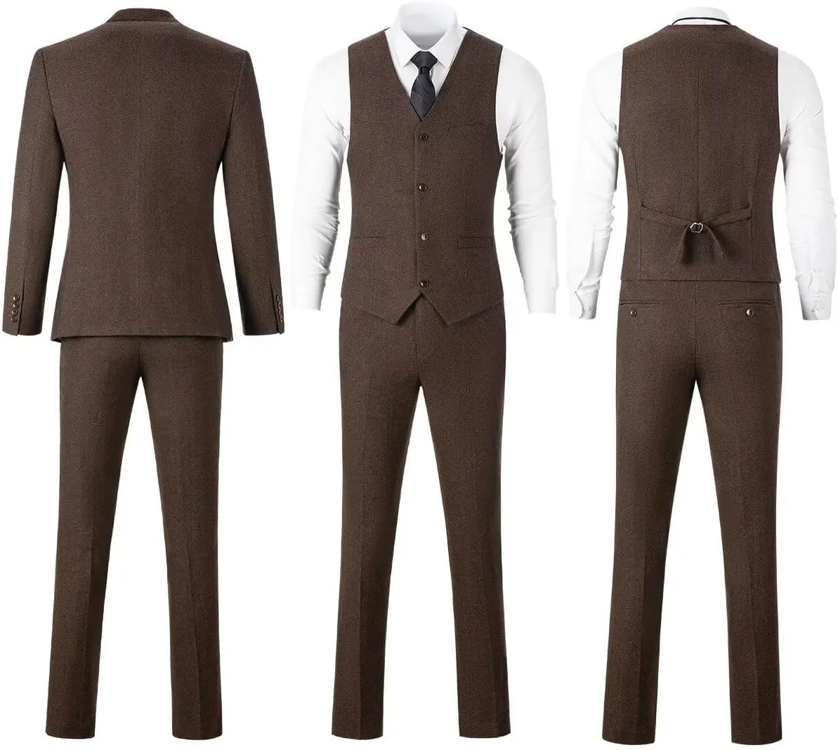 Retro Tweed Brown Men Suit 3 Piece Herringbone Slim Fit Suits Wedding Tuxedos Set Prom Jacket Blazers Vest Pants for Mens