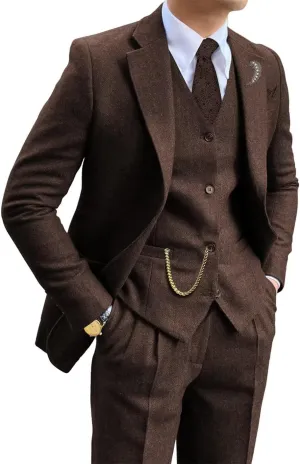 Retro Tweed Brown Men Suit 3 Piece Herringbone Slim Fit Suits Wedding Tuxedos Set Prom Jacket Blazers Vest Pants for Mens