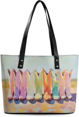 Rows of Cowgirl Boots Women Soft Leather Handbags Tote Purses Shoulder Bucket Bags