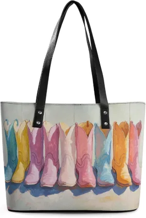 Rows of Cowgirl Boots Women Soft Leather Handbags Tote Purses Shoulder Bucket Bags