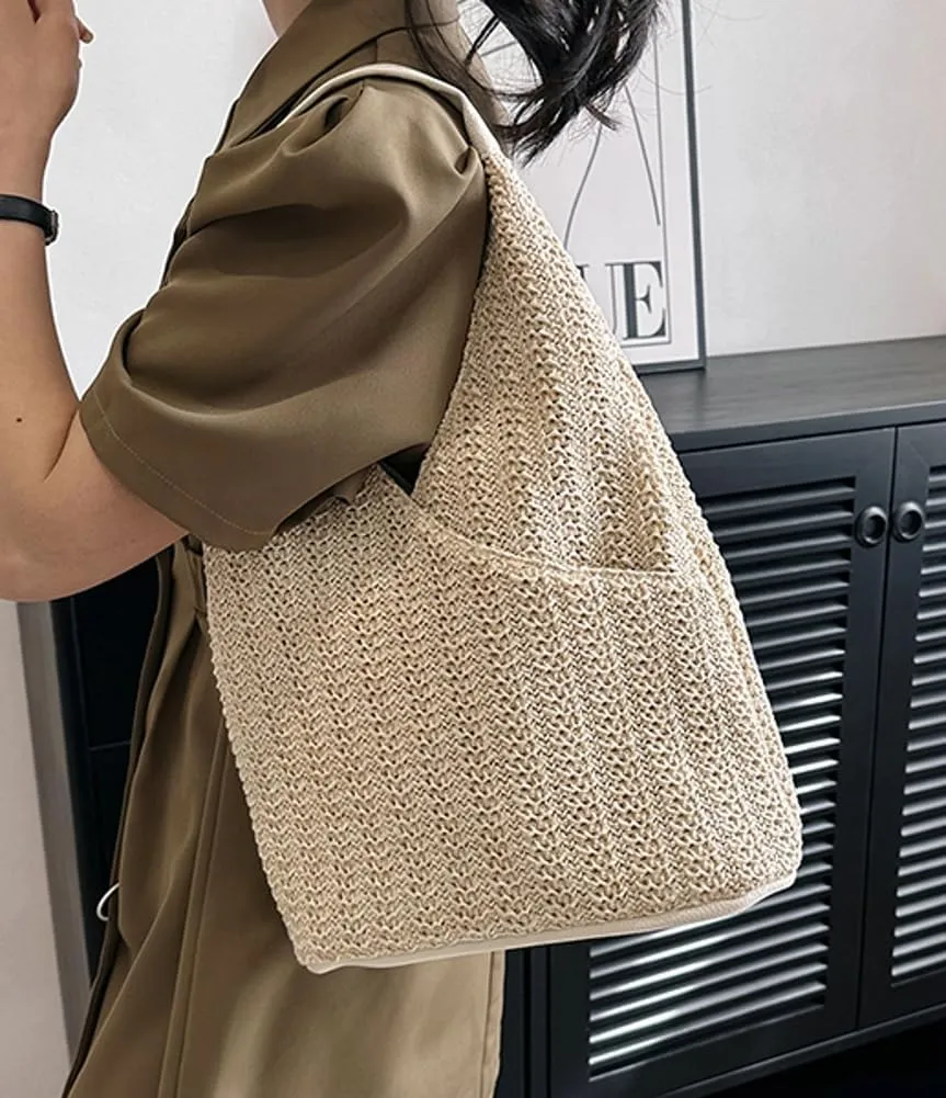 Rungion Straw Beach Shoulder Bags for Women Large Handmade Woven Bucket Totes Purse Summer Vacation Top Handle Handbags