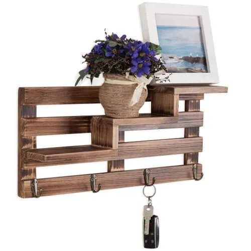 Rustic Burnt Wood Entryway Shelf w/ Key Hooks