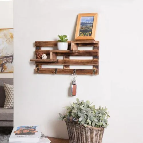 Rustic Burnt Wood Entryway Shelf w/ Key Hooks