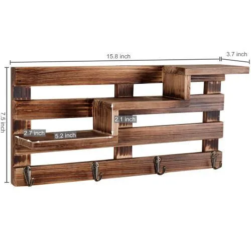 Rustic Burnt Wood Entryway Shelf w/ Key Hooks