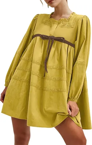 SAFRISIOR Women Babydoll Dress Flowy Long Puff Sleeve Cute Mini Dresses Square Neck Embroidered Bow Tie A-line Dress