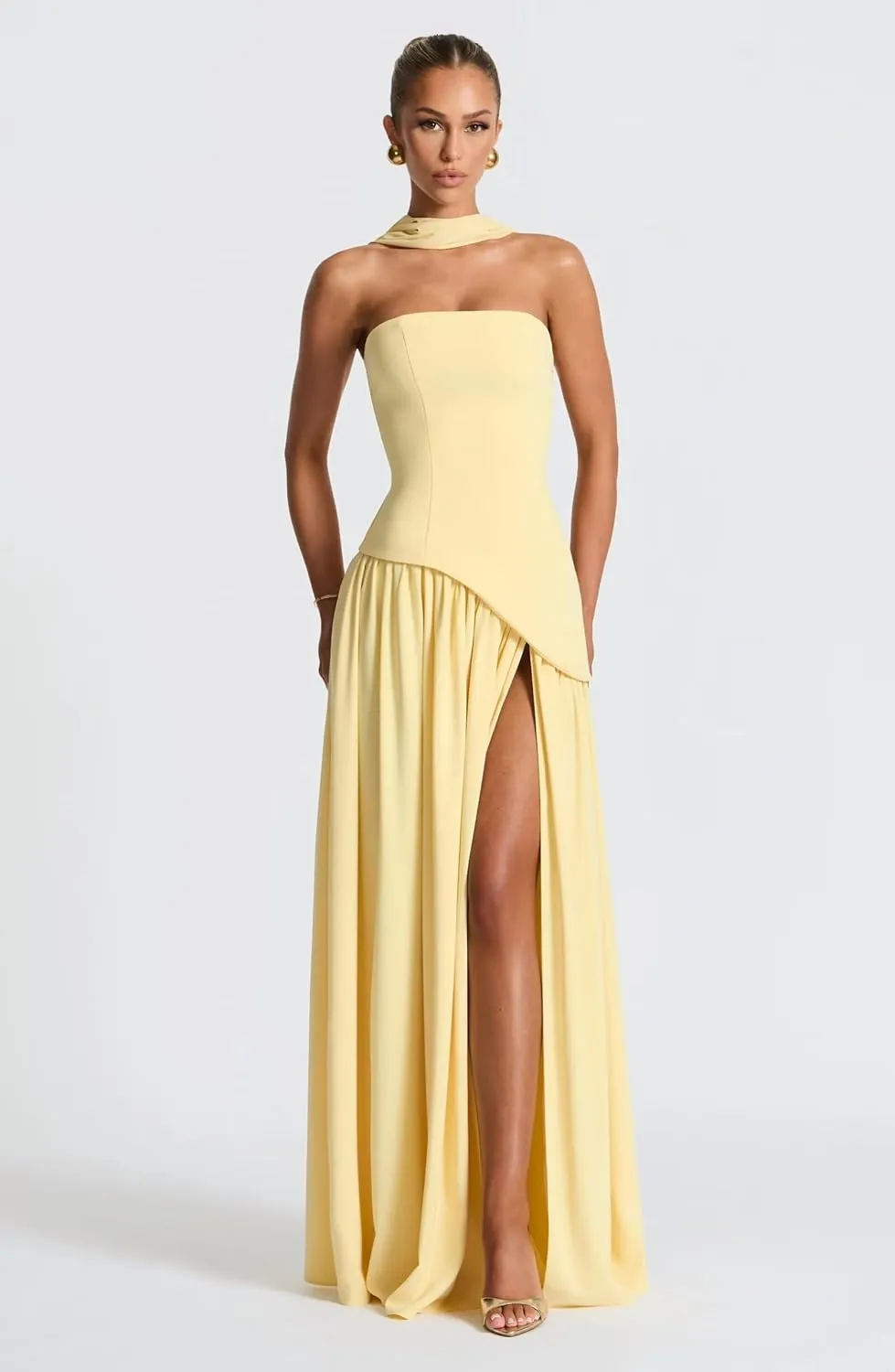 Satin Halter Bridesmaid Dresses for Wedding Strapless A Line Prom Dress with Scarf Long Formal Maxi Dress with Slit