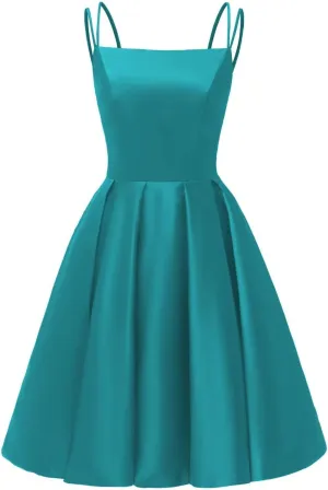 Satin Homecoming Dresses for Teens 2025 Spaghetti Straps A-line Square Neck Short Prom Dresses with Pockets