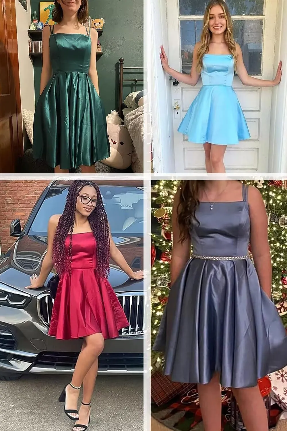 Satin Homecoming Dresses for Teens 2025 Spaghetti Straps A-line Square Neck Short Prom Dresses with Pockets