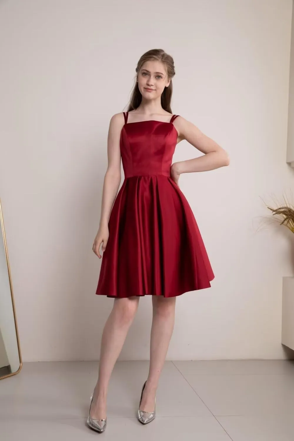 Satin Homecoming Dresses for Teens 2025 Spaghetti Straps A-line Square Neck Short Prom Dresses with Pockets