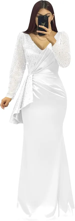 Satin Prom Dress for Women Sparkly Sequin Long Sleeves Mermaid V Neck Formal Evening Party Gowns