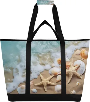 Sea Coral Beach Tote Bag for Women with Zipper Reusable Grocery Bags Foldable Insulated Cooler Bag Shopping Bags Totes Handbags for Groceries Travel Beach Work Picnic