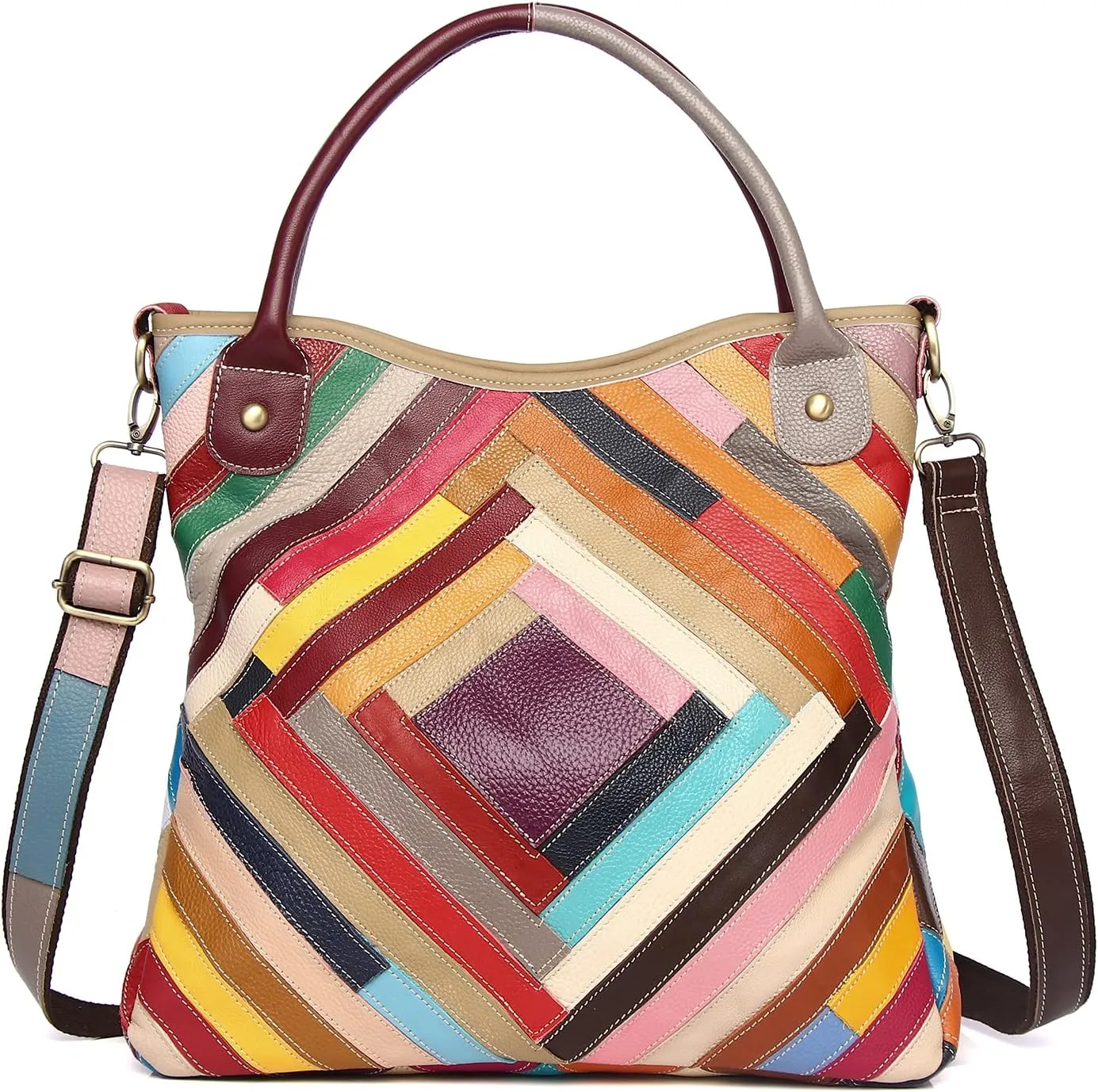 Segater Womens Genuine Leather Tote Multicolor Handbag Random Color matching Hobo Crossbody Shoulder Bag Top-handle Purses Fashion Satchels