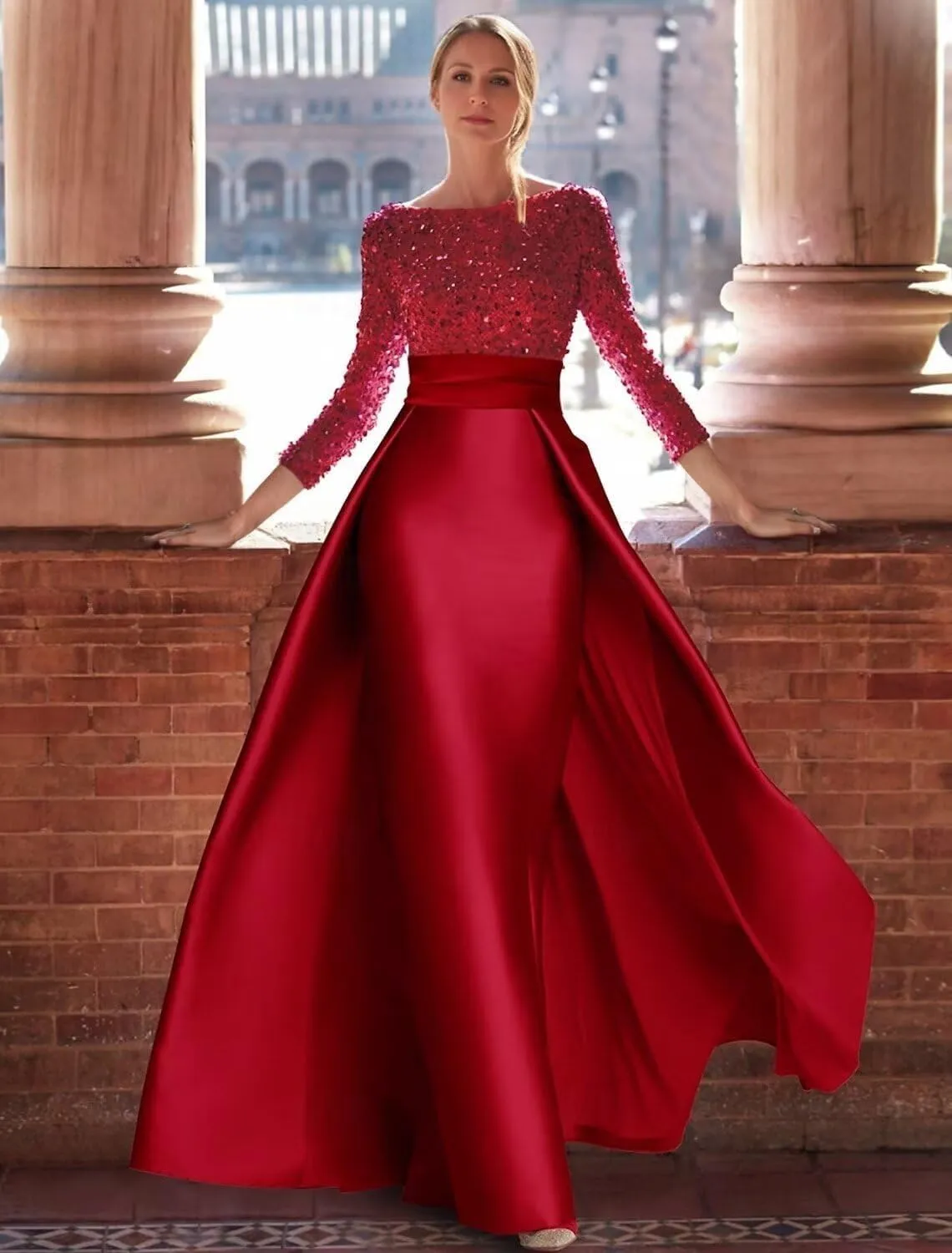 Sequin Satin Prom Dress Long Sleeve Ball Gowns Boat Neck Mermaid Formal Evening Gown for Women with Skirt