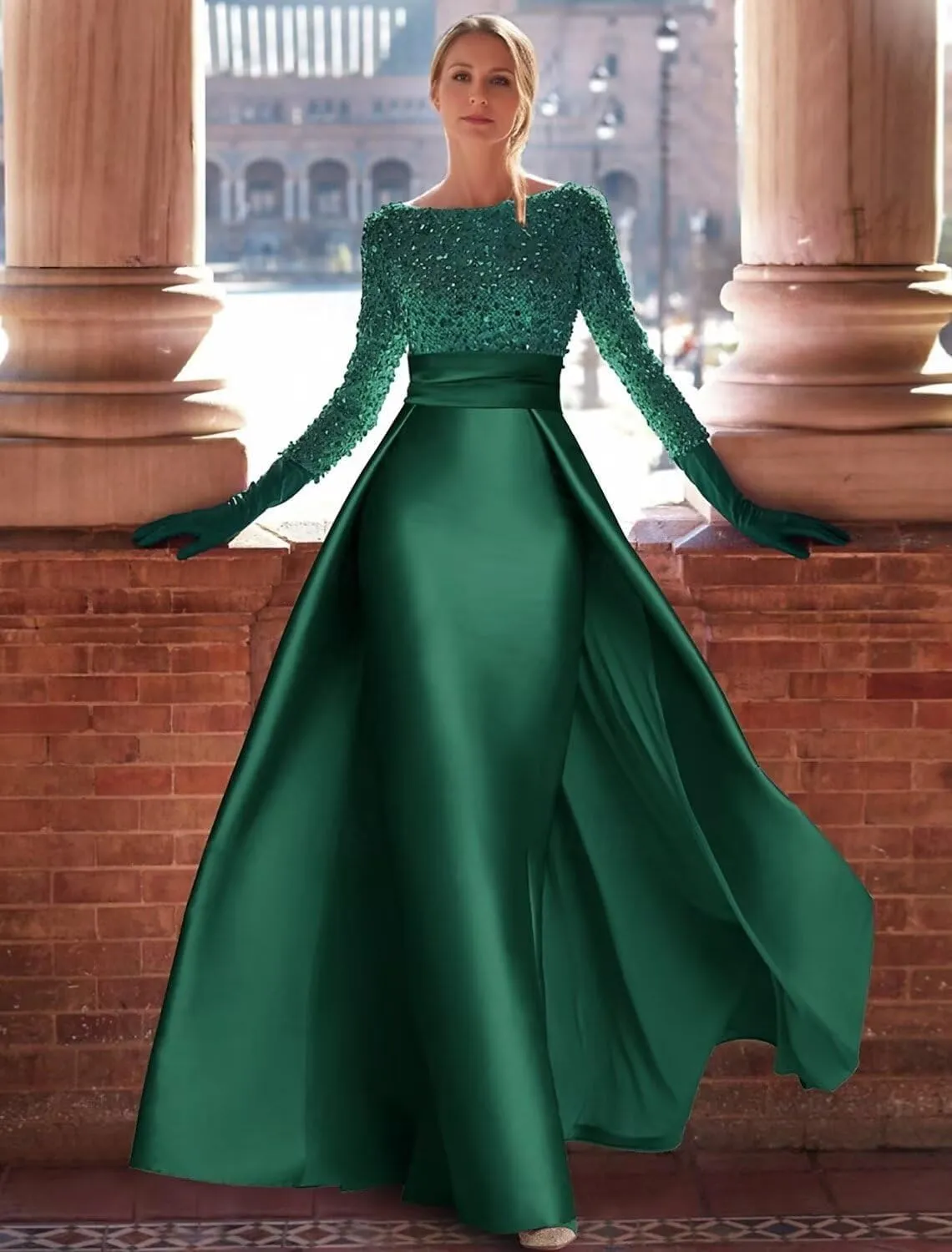Sequin Satin Prom Dress Long Sleeve Ball Gowns Boat Neck Mermaid Formal Evening Gown for Women with Skirt