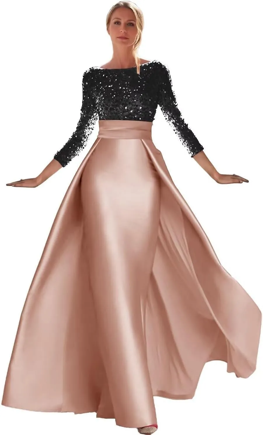 Sequin Satin Prom Dress Long Sleeve Ball Gowns Boat Neck Mermaid Formal Evening Gown for Women with Skirt