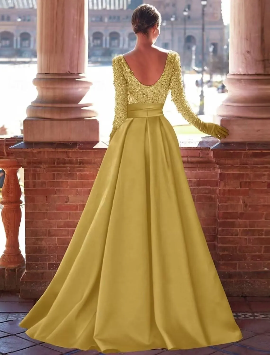 Sequin Satin Prom Dress Long Sleeve Ball Gowns Boat Neck Mermaid Formal Evening Gown for Women with Skirt