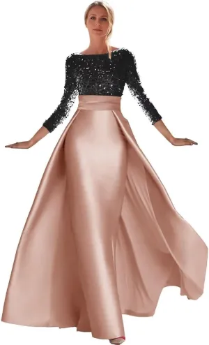 Sequin Satin Prom Dress Long Sleeve Ball Gowns Boat Neck Mermaid Formal Evening Gown for Women with Skirt