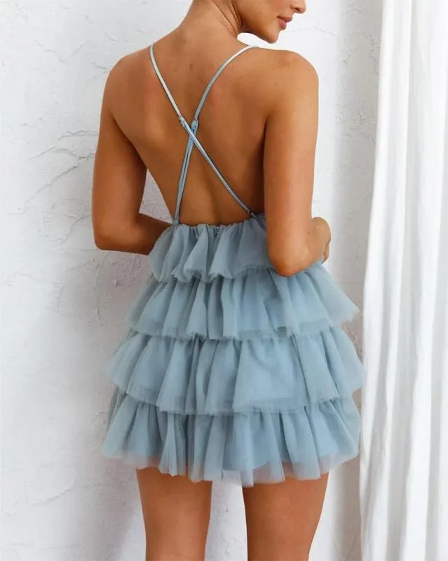 Sexy Deep V Neck Tulle Homecoming Dress for Teens Backless Mini Party Gown with Tiered A Line Short Cocktail Dress