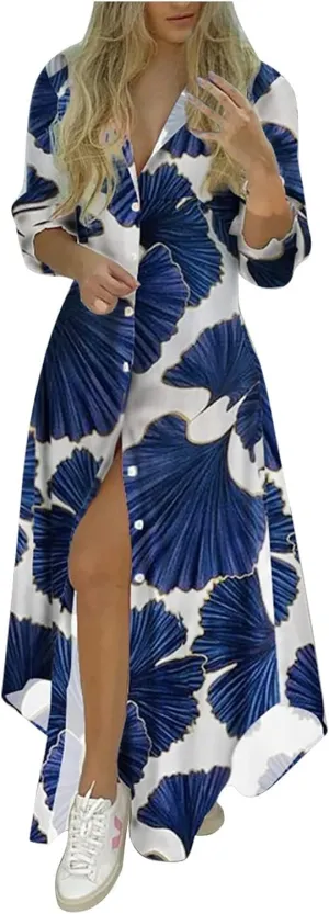 Shirt Dresses for Women,2024 Summer Casual Button V Neck Maxi Dress,Long Sleeve Print Irregular Slit Hem Beach Dress