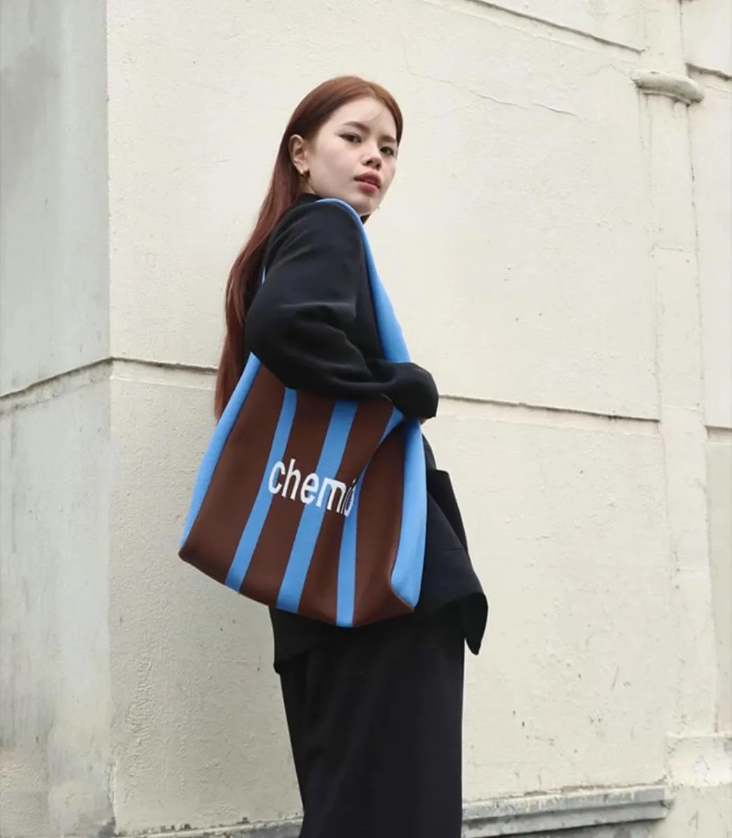 Slouchy Crochet Tote Bag Women Knit Hobo Bags Stripe Shoulder Bag Trendy CrossBody Purse Knitted Travel Satchels Handbag