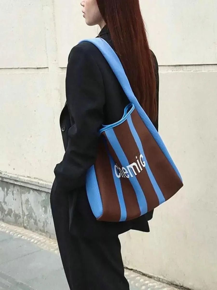 Slouchy Crochet Tote Bag Women Knit Hobo Bags Stripe Shoulder Bag Trendy CrossBody Purse Knitted Travel Satchels Handbag