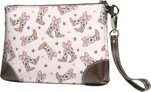 Small Clutch Purses for Women - cow bows cowgirl boots print Leather Wristlet Wallets for Women with Wrist Strap
