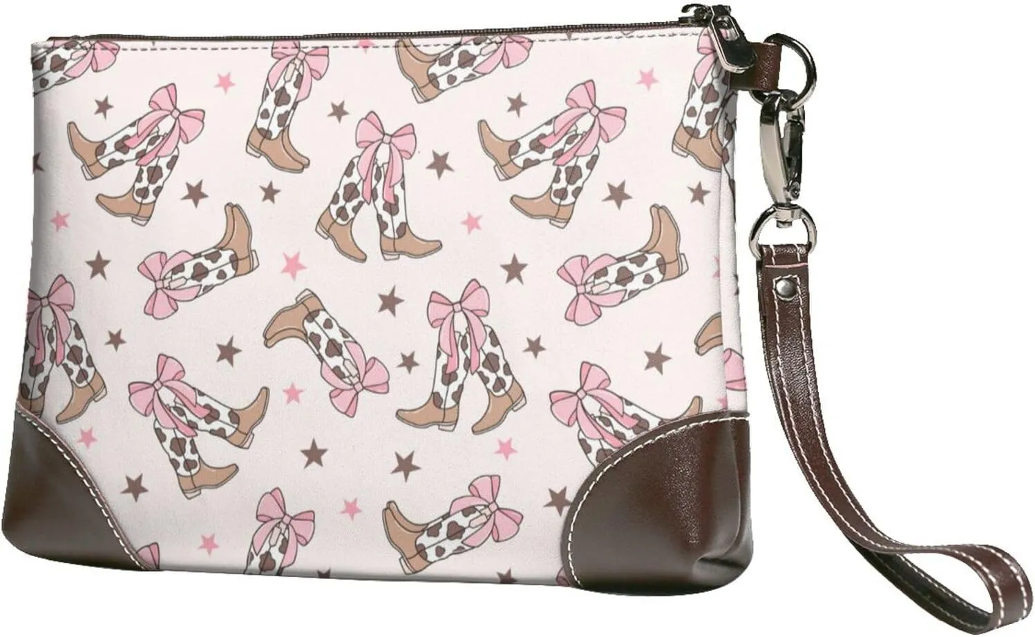 Small Clutch Purses for Women - cow bows cowgirl boots print Leather Wristlet Wallets for Women with Wrist Strap