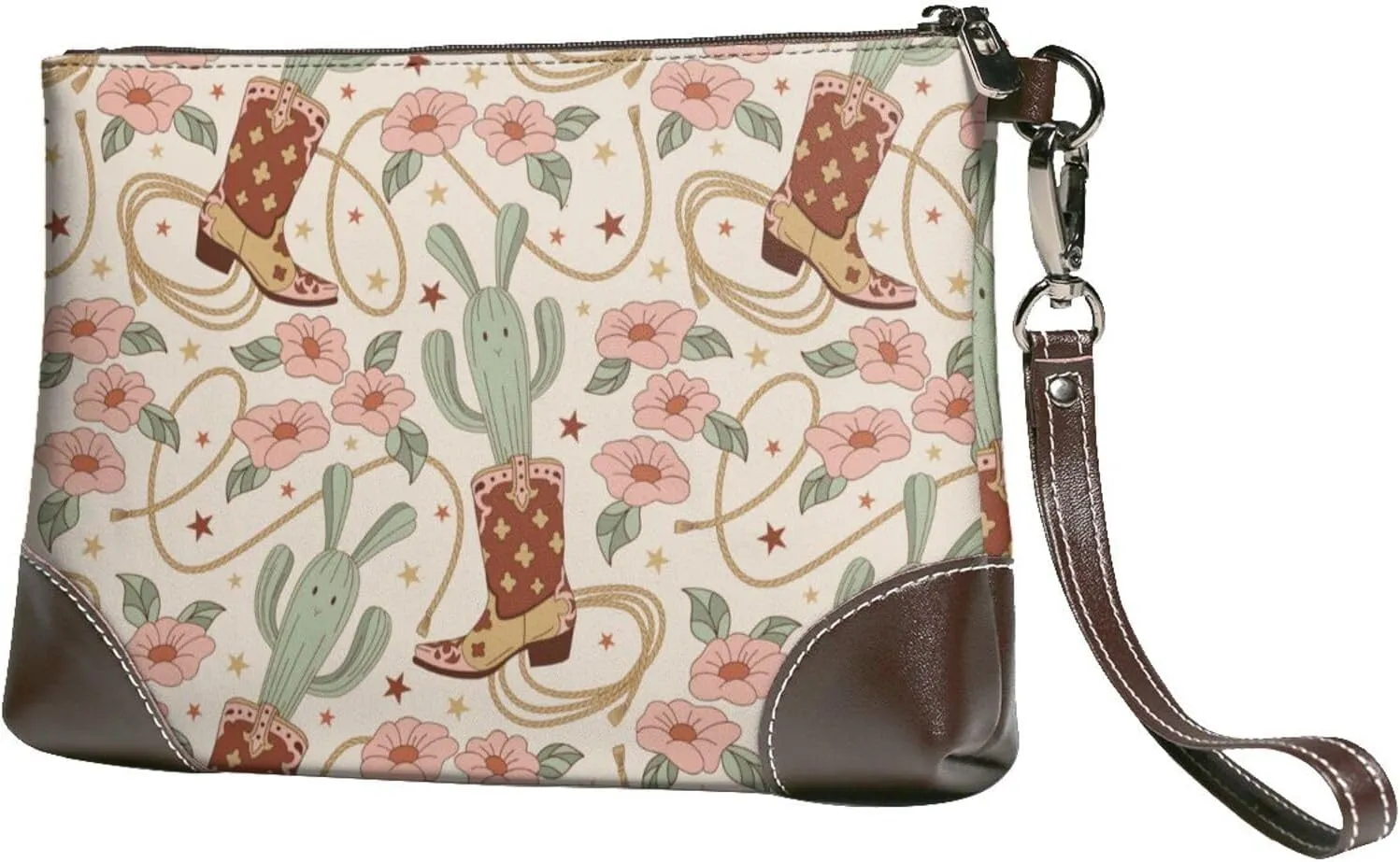 Small Clutch Purses for Women - Floral Cowboy Boots Leather Wristlet Wallets for Women with Wrist Strap