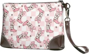 Small Clutch Purses for Women - pink checkerboard cowgirl boots Leather Wristlet Wallets for Women with Wrist Strap