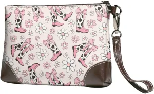 Small Clutch Purses for Women - Retro cowgirl boots flower pink Leather Wristlet Wallets for Women with Wrist Strap