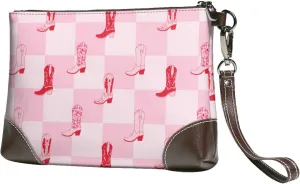 Small Clutch Purses for Women - Retro pink Cowgirl boots checkerboard Leather Wristlet Wallets for Women with Wrist Strap